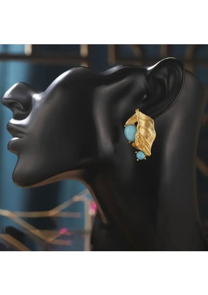 Vintage Boho Yaprak Tasarımı Turkuaz, 18K Altın Kaplama, Gümüş Çiviler