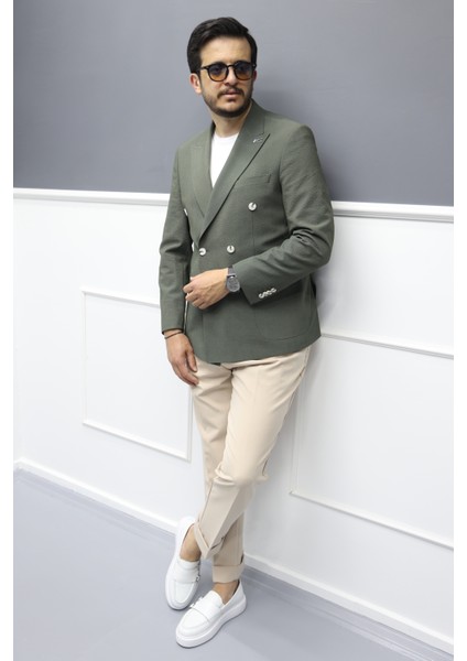 Verde Dokulu Gofre Kumaş Italyan Stil Slim Fit Kruvaze Erkek Ceket Haki