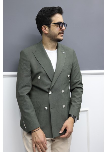 Verde Dokulu Gofre Kumaş Italyan Stil Slim Fit Kruvaze Erkek Ceket Haki fiyatları