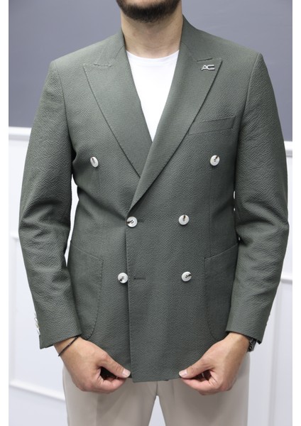 Verde Dokulu Gofre Kumaş Italyan Stil Slim Fit Kruvaze Erkek Ceket Haki