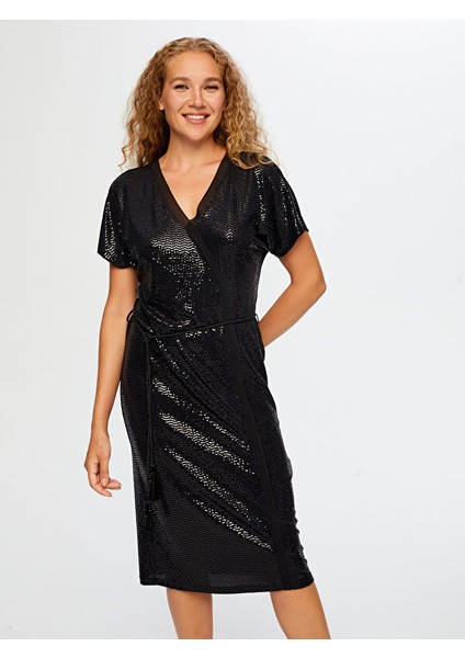 Şifon Garnili Kısa Kol V Yaka Payet Abiye Elbise W26ABY014