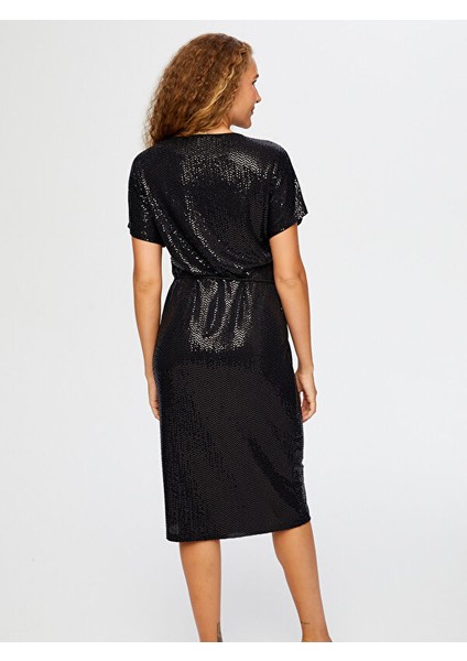 Şifon Garnili Kısa Kol V Yaka Payet Abiye Elbise W26ABY014 modelleri