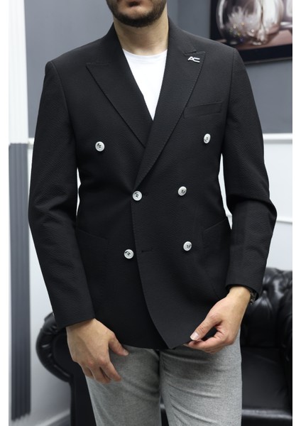 Verde Dokulu Gofre Kumaş Italyan Stil Slim Fit Kruvaze Erkek Ceket Siyah indirimleri