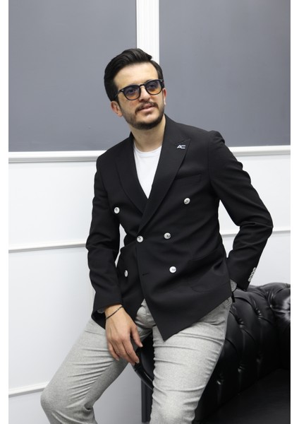 Verde Dokulu Gofre Kumaş Italyan Stil Slim Fit Kruvaze Erkek Ceket Siyah fiyatları