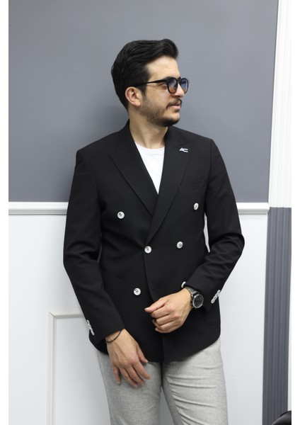 Verde Dokulu Gofre Kumaş Italyan Stil Slim Fit Kruvaze Erkek Ceket Siyah fırsatları