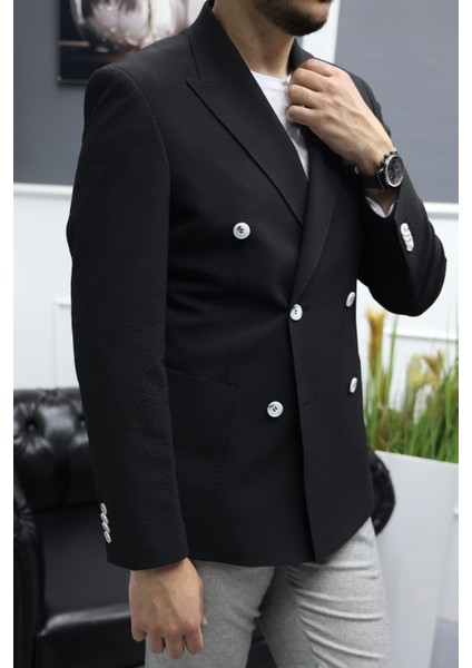 Verde Dokulu Gofre Kumaş Italyan Stil Slim Fit Kruvaze Erkek Ceket Siyah