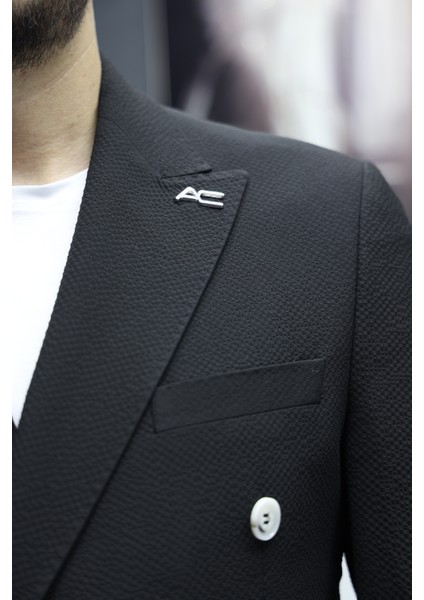 Verde Dokulu Gofre Kumaş Italyan Stil Slim Fit Kruvaze Erkek Ceket Siyah