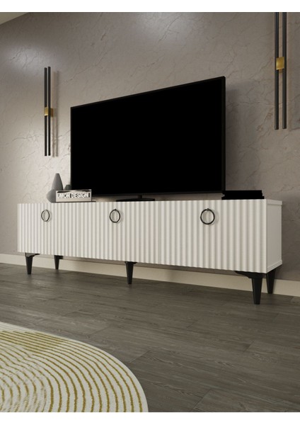 Line Tv Ünitesi 150 cm Üç Kapaklı Mdf Kapak Raflı Ayaklı Tv Sehpası