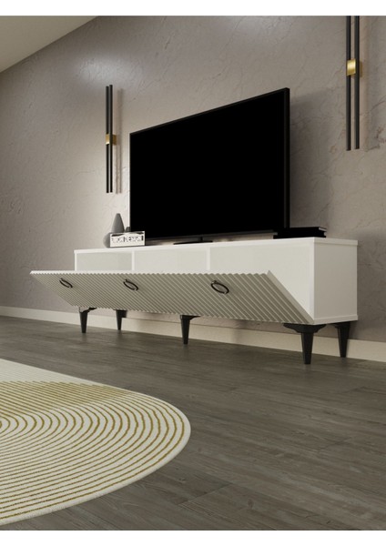 Line Tv Ünitesi 150 cm Üç Kapaklı Mdf Kapak Raflı Ayaklı Tv Sehpası fiyatları