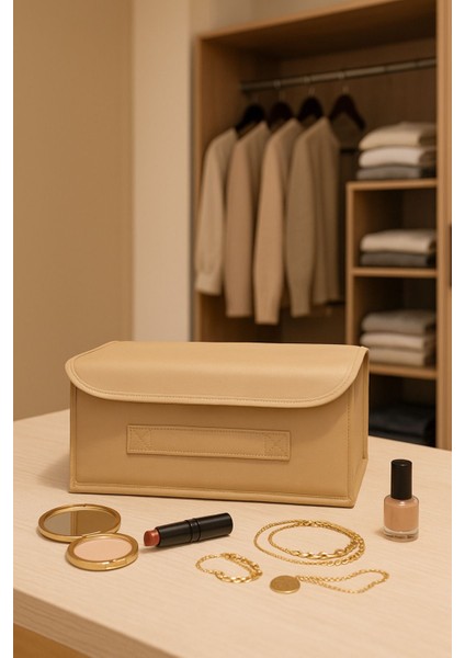 Bej Kapaklı Saklama Kutusu, Düzenleyici ve Katlanabilir 30X23X11 cm