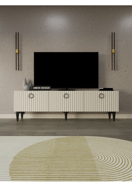 Line Tv Ünitesi 150 cm Üç Kapaklı Mdf Kapak Raflı Ayaklı Tv Sehpası