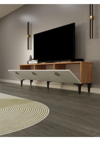 Line Tv Ünitesi 150 cm Üç Kapaklı Mdf Kapak Raflı Ayaklı Tv Sehpası fiyatları