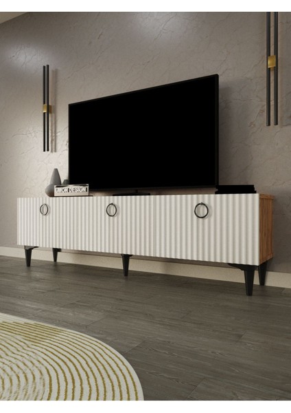 Line Tv Ünitesi 150 cm Üç Kapaklı Mdf Kapak Raflı Ayaklı Tv Sehpası modelleri