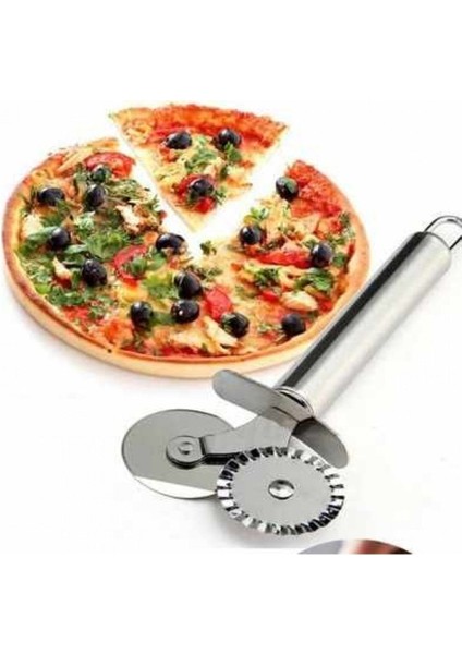 Çift Başlıklı Metal Pizza Kesici ve Hamur Ruleti, Renkli, Dayanıklı, Pratik Kullanım