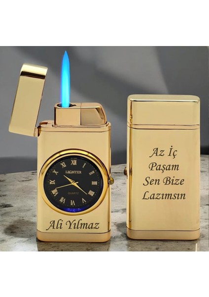 Kişiye Özel Çift Yön Baskı Turbo Jet Işıklı Saatli Çakmak -Kutulu ve Hediye Paketinde