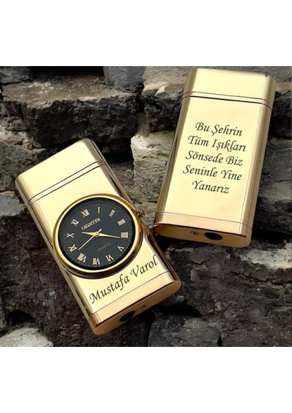 Kişiye Özel Çift Yön Baskı Turbo Jet Işıklı Saatli Çakmak -Kutulu ve Hediye Paketinde fiyatları