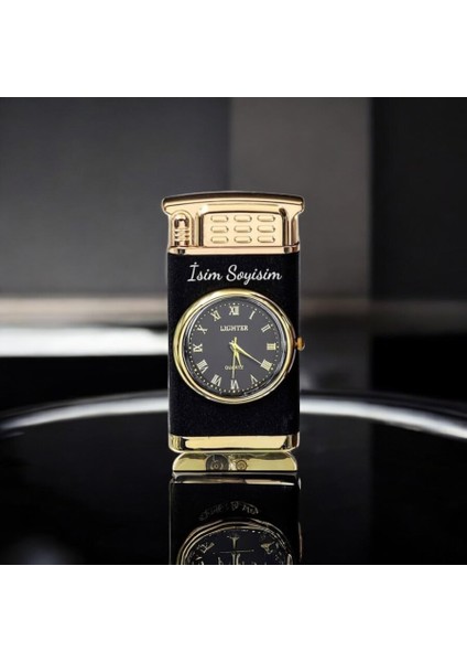 Kişiye Özel Işıklı Saatli Siyah Renk Çakmak
