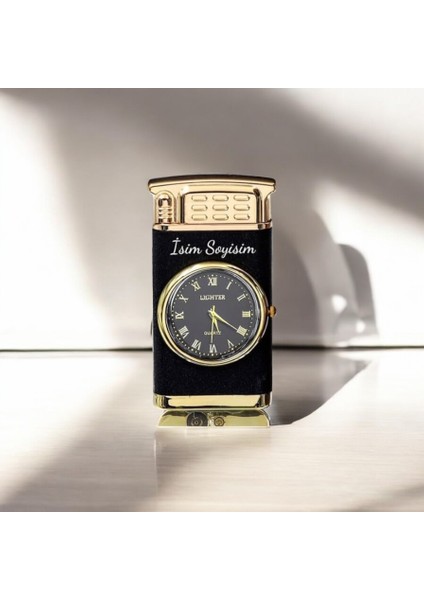 Kişiye Özel Işıklı Saatli Siyah Renk Çakmak