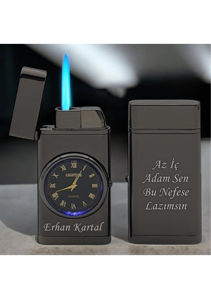 Kişiye Özel Çift Yön Baskı Turbo Jet Işıklı Saatli Çakmak -Kutulu ve Hediye Paketinde