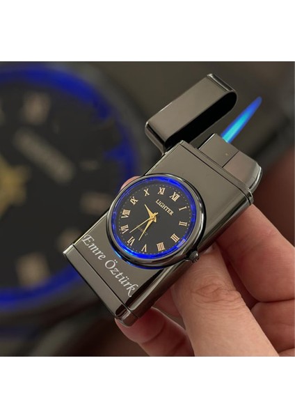 Kişiye Özel Çift Yön Baskı Turbo Jet Işıklı Saatli Çakmak -Kutulu ve Hediye Paketinde modelleri