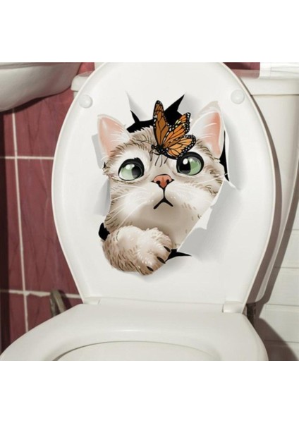 Çok Renkli Klozet Etiketi Kedi ve Kelebek Tasarımı, Eğlenceli ve Renkli Banyo Dekoru