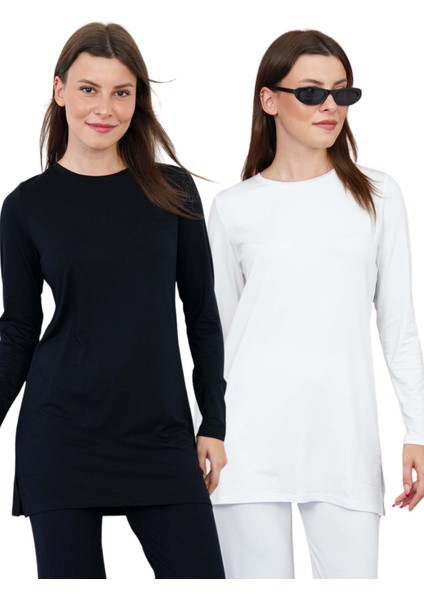 Kadın Viskon Tişört 2'li Paket-Siyah-Beyaz-Siyah-Beyaz