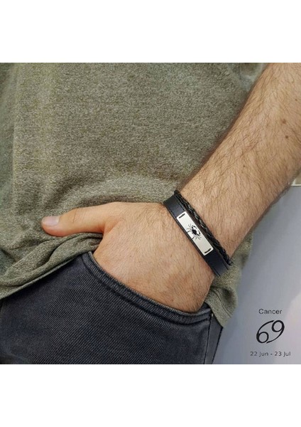 Yengeç Burçları Için Taç Motifli Hakiki Siyah Derili 925 Ayar Gümüş Plakalı Hediye BILEKLIK-535BURÇ