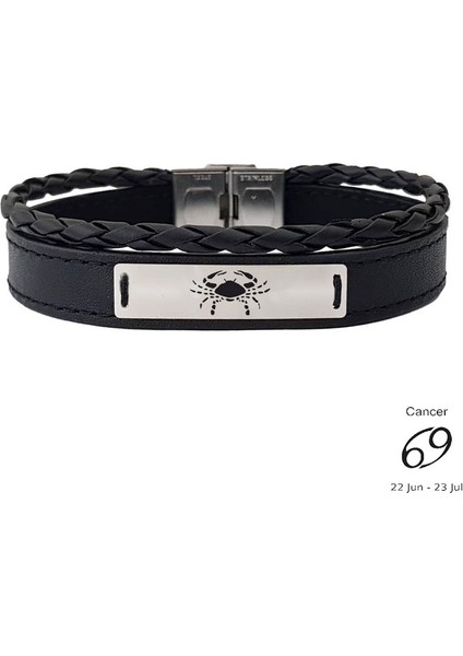 Yengeç Burçları Için Taç Motifli Hakiki Siyah Derili 925 Ayar Gümüş Plakalı Hediye BILEKLIK-535BURÇ fiyatları
