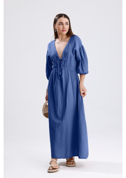 Balon Kol V Yaka Müslin Elbise - Mavi