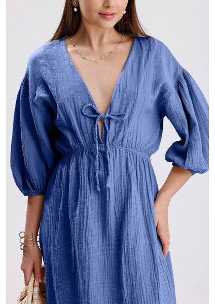 Balon Kol V Yaka Müslin Elbise - Mavi fiyatları