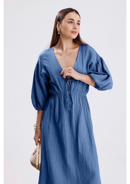 Balon Kol V Yaka Müslin Elbise - Mavi fırsatları