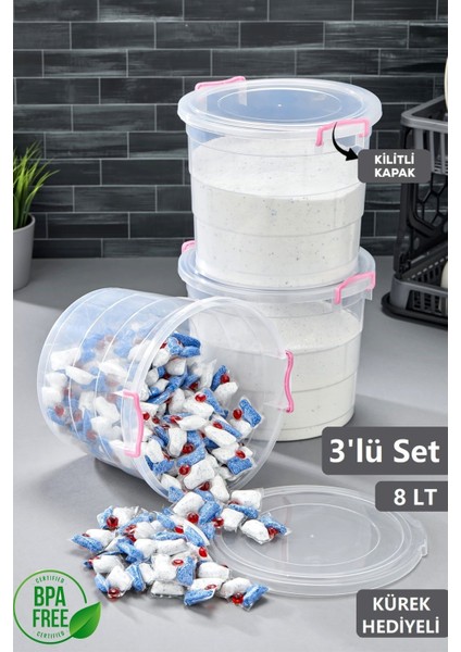 3'lü 8 Lt Deterjan Saklama Kabı, Kilitli, Banyo ve Temizlik Düzenleyici