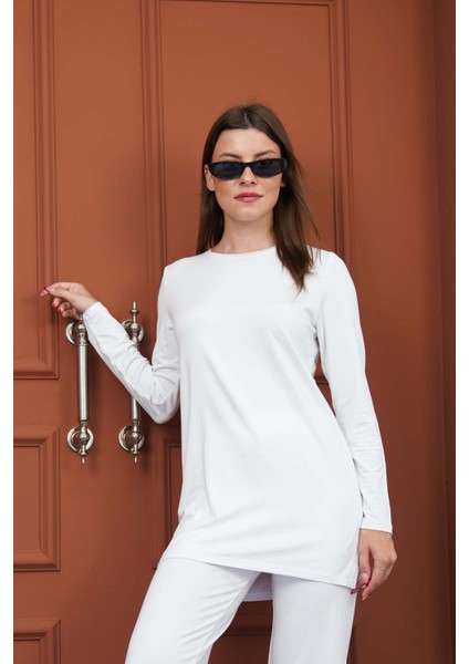 Kadın Viskon Full Likra Tunik-Beyaz