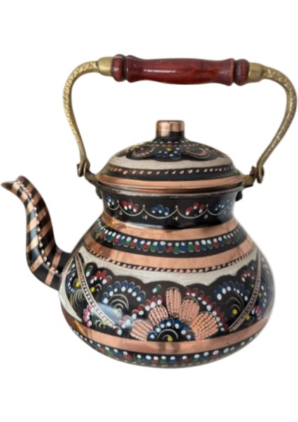 Nostalji Çaydanlık - Demlik Üstten Kulplu Işlemeli Gerçek Bakır 8 Kişilik El Yapımı Kalaylı Siyah