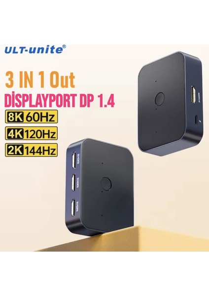 8K+4K DisplayPort Dp Dağıtıcı Switch DP 1.4 Anahtar 3'ü 1 Arada Splitter Dönüştürücü Dağıtıcı 48Gbps 8K-60Hz 4K-144Hz PC Monitörü Projektör TV için Adaptör Ce Lisanslı Orjinal