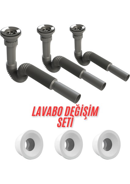 3 Adet Gri Lavabo Sifonu ve Conta Seti – Komple Ev Lavabo Değişim Seti Yüksek Kalite