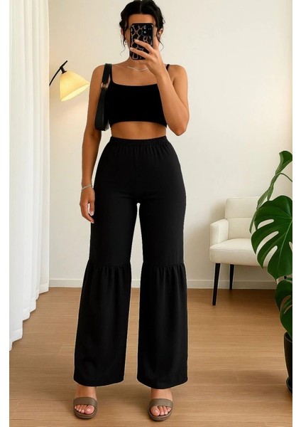 Kadın Yüksek Bel Parça Detay Bol Paça Pantolon