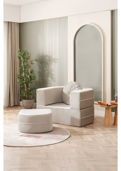 Tia Tekli Koltuk & Puf Özellikli & Açılabilir & Tek Kişik Tv Koltuk & Yataklı & Krem