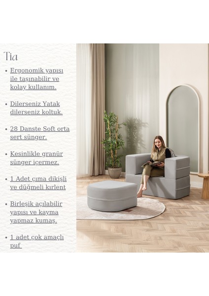 Tia Tekli Koltuk & Puf Özellikli & Açılabilir & Tek Kişik Tv Koltuk & Yataklı & Gri