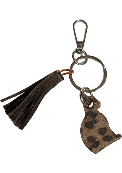 Mini Kedi , Leopar Hakiki Deri , Kahverengi Deri Püsküllü Mini Anahtarlık , Çanta Süsü ,bag Charm
