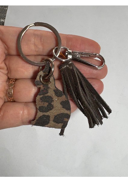 Mini Kedi , Leopar Hakiki Deri , Kahverengi Deri Püsküllü Mini Anahtarlık , Çanta Süsü ,bag Charm modelleri