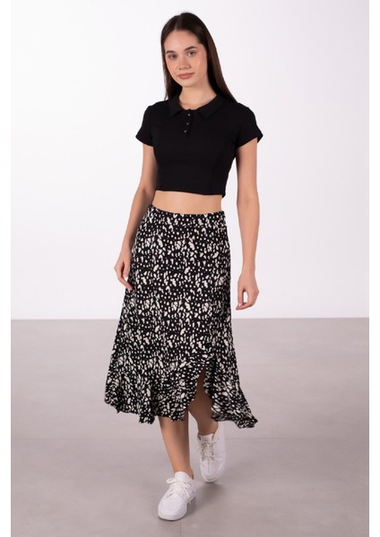 Beli Lastikli Desenli Etek Ucu Fırfırlı Midi Etek