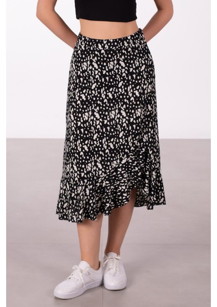 Beli Lastikli Desenli Etek Ucu Fırfırlı Midi Etek modelleri