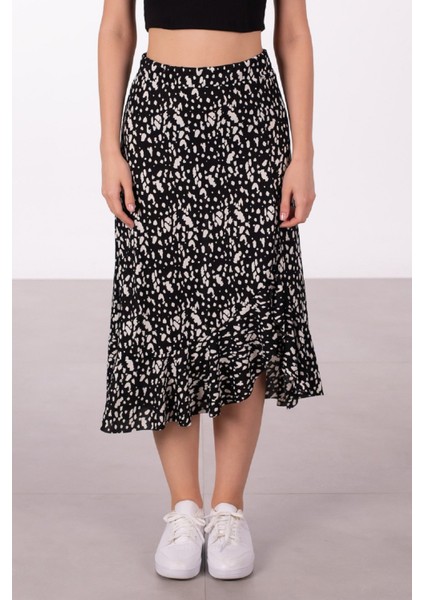 Beli Lastikli Desenli Etek Ucu Fırfırlı Midi Etek indirimleri