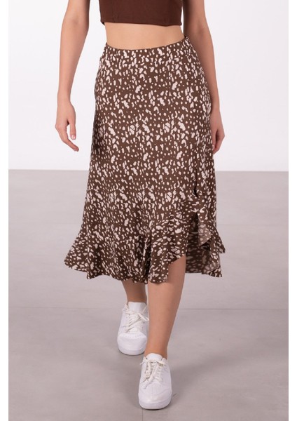 Beli Lastikli Desenli Etek Ucu Fırfırlı Midi Etek modelleri