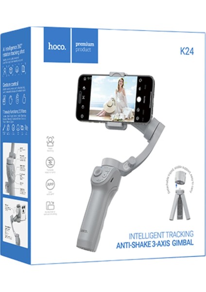 K24 360 Derece Otomatik Yüz Takipli Tripodlu Akıllı Selfie Gimbal Gri indirimleri