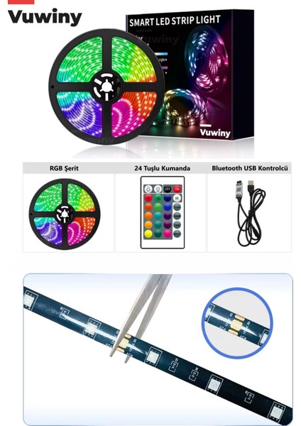 Mobil Uygulamalı Sese Duyarlı Rgb Akıllı USB Siyah Silikon Kaplamalı LED Şerit (5V - 5 Metre)