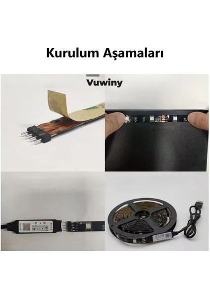 Mobil Uygulamalı Sese Duyarlı Rgb Akıllı USB Siyah Silikon Kaplamalı LED Şerit (5V - 5 Metre)