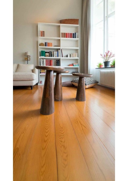 3’lü Ceviz Renk Ahşap Mantar Sehpa Takımı - Yan Sehpa Seti