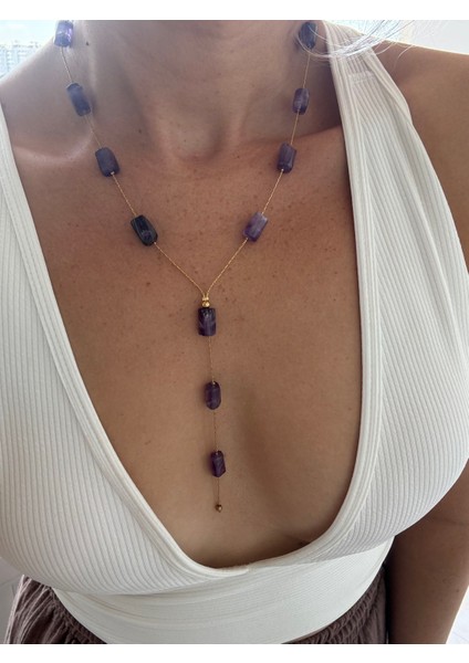 Çelik Zincirli Ametist Doğaltaş Kolye